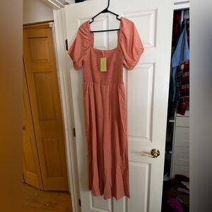Women's Puff-Sleeve Maxi Dress in Coral